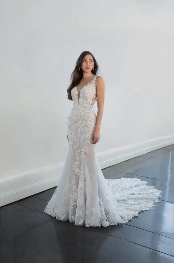 Bmbridal Lace Wedding Dress Sleeveless Mermaid Long V-Neck