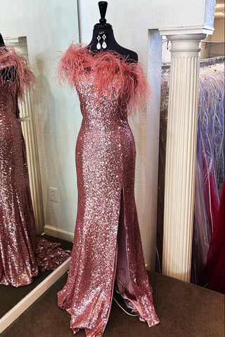 Mermaid Strapless White Sequins Plus Size Prom Dress with Feathers