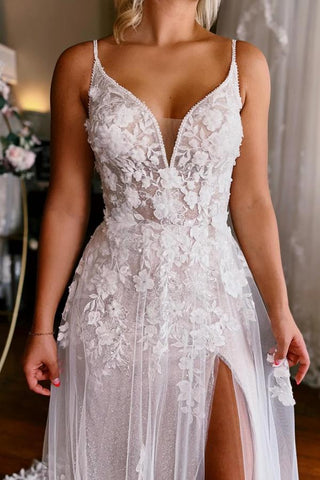 Bmbridal Spaghetti-Straps Sleeveless Wedding Dress A-Line With Appliques