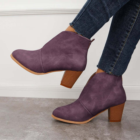 Retro Western V Cut Ankle Boots Slip On Chunky Stacked Heel Booties