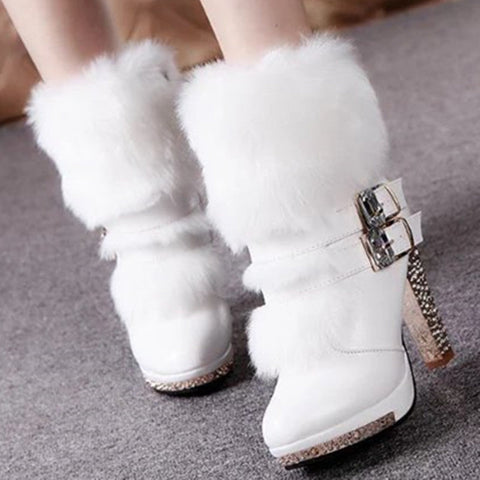 Women's Thick High Heel Middle Tube Fur Rhinestone Boots