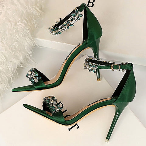 2024 Women 9cm High Heels Crystal Sandals Wedding Bridal Stiletto Heels Sandles Glitter Prom Elegant Stripper Satin Strap Shoes