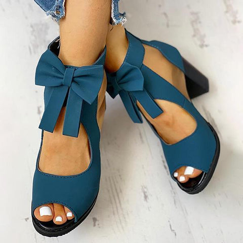 Mesh Chunky Block Heels Bowknot Strappy Sandals
