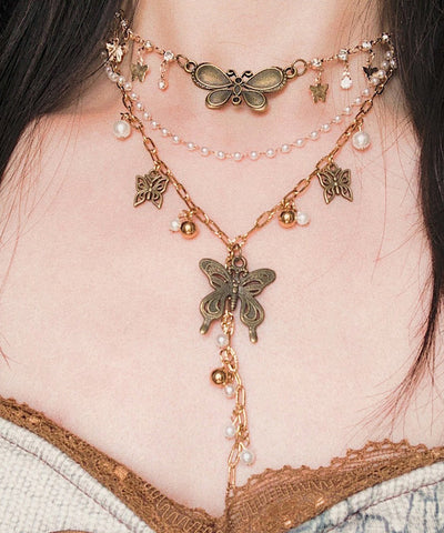 Vintage Stainless Steel Butterfly Multi-Layer Pendant Necklace