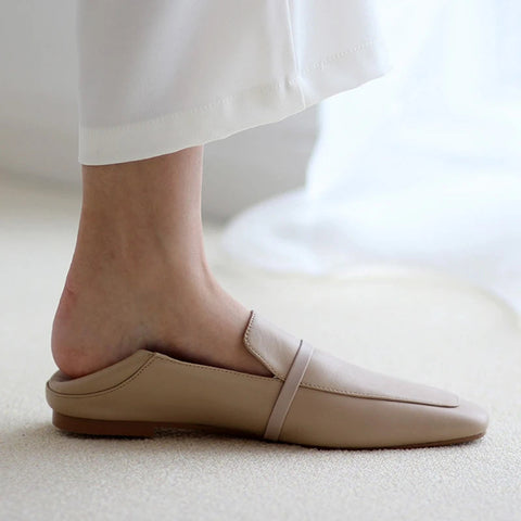 Kuh Leder Karree Frauen Wohnungen Casual Slipper Frauen Schuh Ohne Ferse 2024 Neue Frühling Herbst Maultiere Frau Einfache Weiße Schuhe