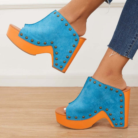 Retro Chunky Platform Heel Mules Slip on Sandals