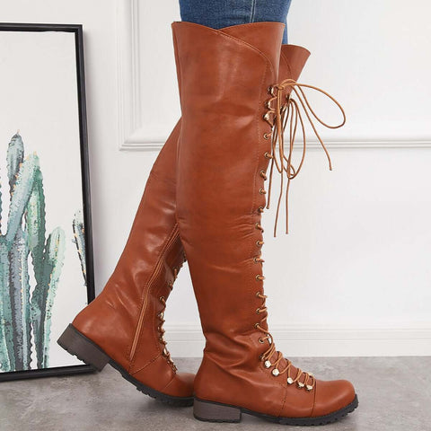 Chunky Heel Lace Up Over The Knee Thing High Riding Boots