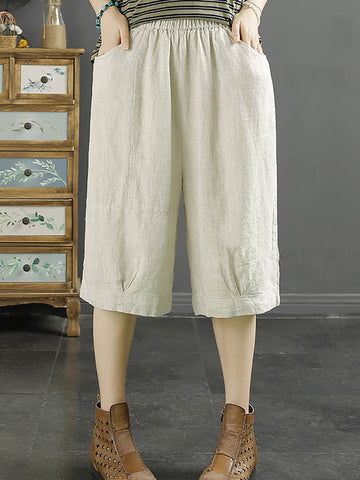 Women Summer Solid Pocket Pleat Linen Knee-Length Pants