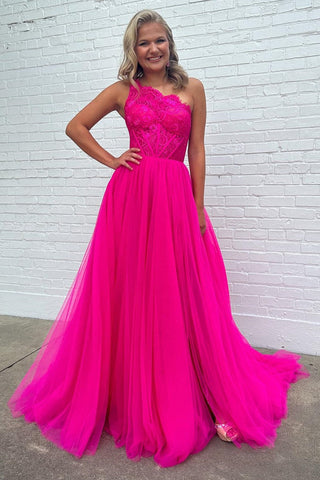 A-line One Shoulder Lace Tulle Prom Dress with Slit