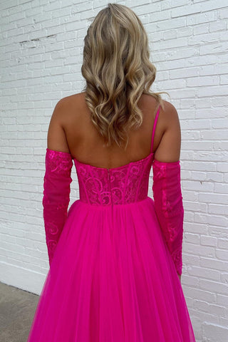 A-line One Shoulder Lace Tulle Prom Dress with Slit