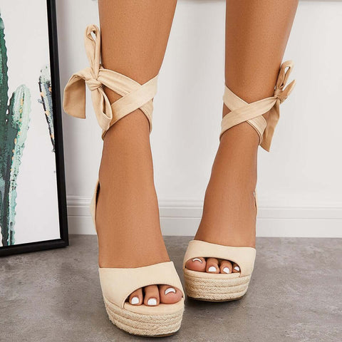 Lace up Espadrille Heel Platform Wedges Ankle Strap Sandals