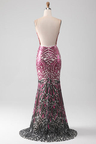 Stylish Mermaid Spaghetti Straps Pink Sequins Long Prom Dress