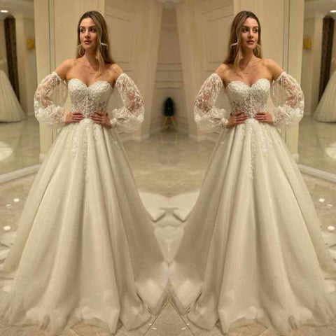 Bmbridal Sweetheart Lace Wedding Dress Detachable Sleeves