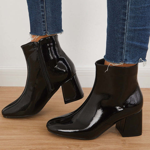 Patent Leather Block Heel Ankle Booties Square Toe Side Zipper Boots