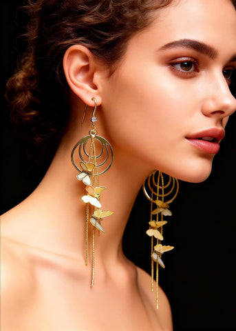 Handmade Golden Butterfly Long Tassels Drop Earrings