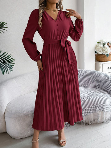 Plissiertes, gebundenes Midikleid mit V-Ausschnitt und langen Ärmeln