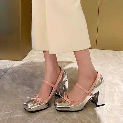 Square Toe Bow Mary Janes Shoes Women High Heels Party Lolita Shoes 2024 Spring New Fashion Pumps Elegant Female Chunky Zapatos