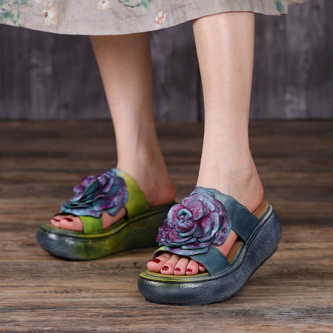 Women 2022 Vintage Leather Floral Platform Slippers