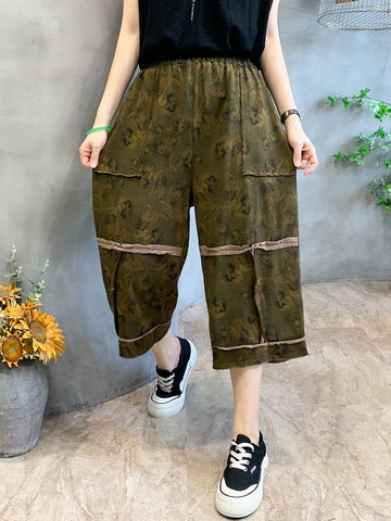 Women Summer Retro Flower Print Spliced Pocket Loose Pants