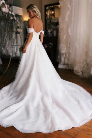 Satin Wedding Dress Off-the-Shoulder Slit Long