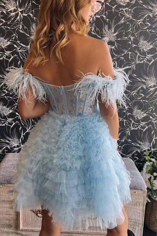 A Line Off the Shoulder Red Short Homecoming Dress with Feather