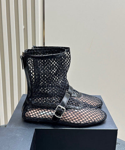 Boho Schwarze, ausgehöhlte, atmungsaktive Mesh-Stiefel mit Schnallenriemen