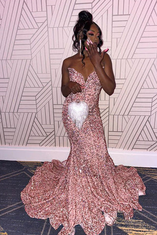 Mermaid Sweetheart Pink Sequins Long Prom Dress