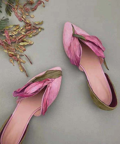 Handgemachte grüne Satins Blume Spitze Zehen flache Schuhe