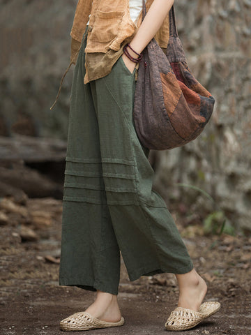 Women Vintage Solid Summer Straight Ramie Pants