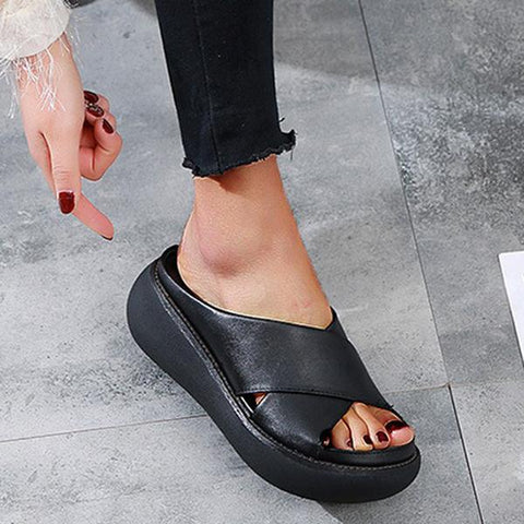 Red Platform Criss Cross Slides Slip on Slide Sandals