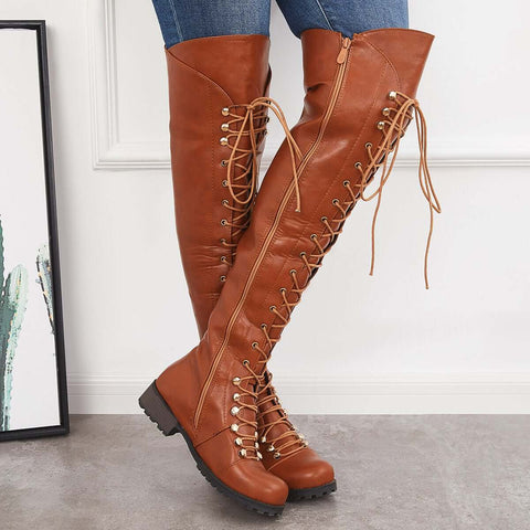 Chunky Heel Lace Up Over The Knee Thing High Riding Boots