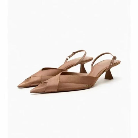 Fashion Thin Heels Sandals Women's Brown Cross 2024 Pointed Toe Shallow Office Low-heel Pumps Slingbacks Temperament Mule Shoes