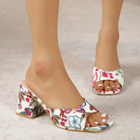 Floral Block Chunky Heel Mules Square Peep Toe Slide Sandals