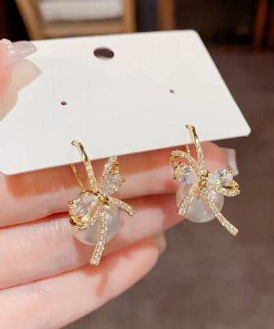 Fashion Gold Copper Overgild Zircon Bow Pearl Stud Earrings