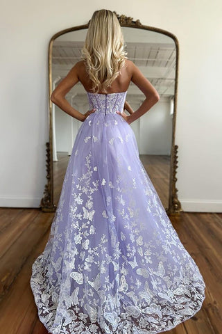 A-Linien-Ballkleid mit Herzausschnitt und lila Korsett und Applikationen
