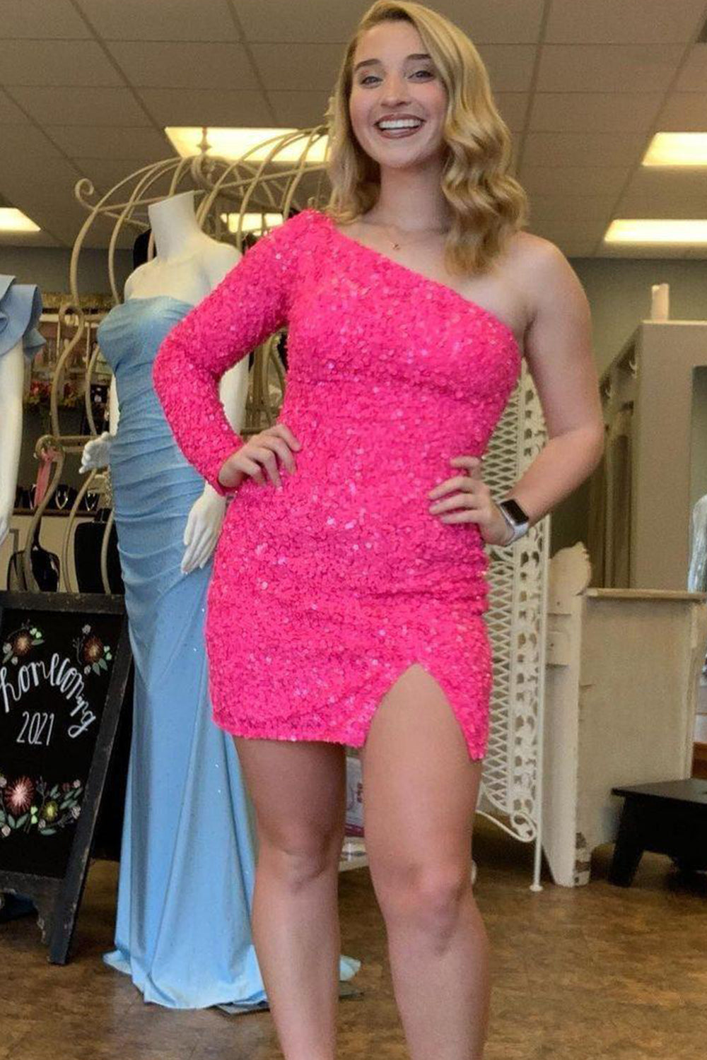 Fuchsia Sequins Homecoming Dress with Sleeves