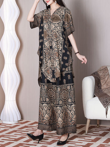 Women Retro Flower Irregular Hem Drawstring Wide-leg Shirt+Pants