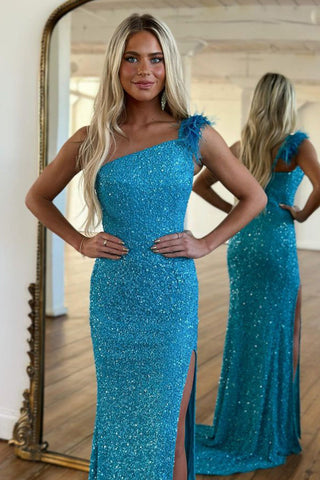 Mermaid One Shoulder Blue Sequins Long Prom Dress with Split Front