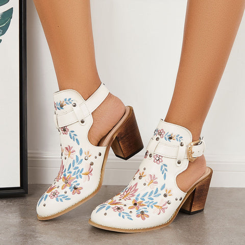 Pink Cutout Embroidered Chunky Heels Ankle Strap Slingback Sandals