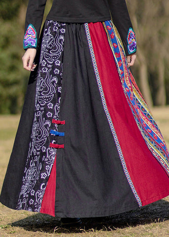 Modern Black Patchwork Elastic Waist Button Maxi Skirt