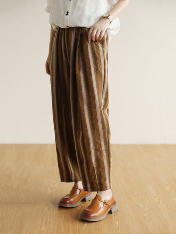 Women Summer Stripe  Pocket Vintage Loose Cotton Pants