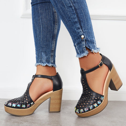 Platform Block Chunky High Heels Ankle T-Strap Cutout Sandals