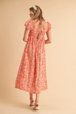 Coral Floral Puff Sleeve Midi Summer Dress