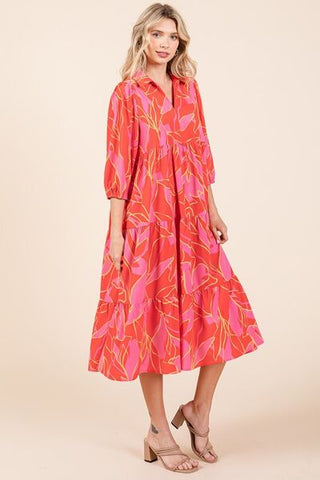 Tiered Collared Neck Vacation Midi Dress