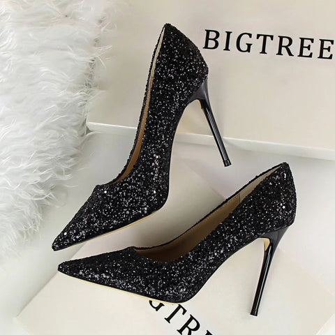 2024 summer new European style women's shoes high heels shallow mouth pointy glitter sexy slim nightclub high heels single shoes