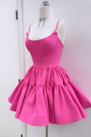 Cute A Line Spaghetti Straps Hot Pink Short Homecoming Dress with Criss Cross Back