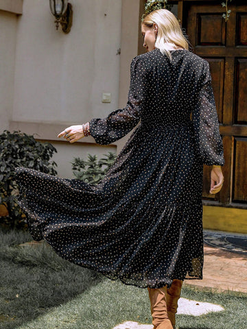 Langärmliges Midikleid mit Stickerei und Polka Dots zum Binden am Hals
