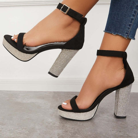 Rhinestone Chunky Block High Heels Ankle Strap Sandals
