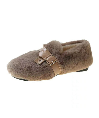 Khakifarbene flache Schuhe mit flauschigem Fell, weicher, bequemer Schnallenriemen