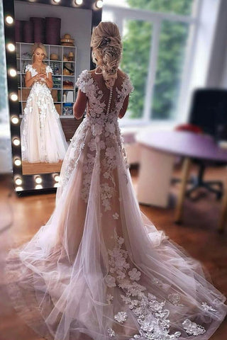 Bmbridal Short Sleeves Wedding Dress Lace Appliques Zipper Back